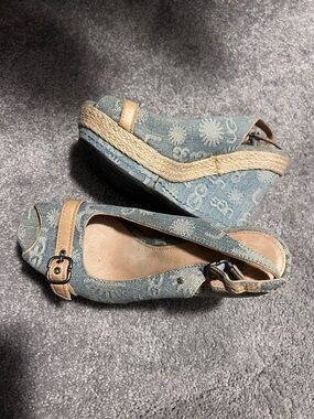 UGG Denim Logo Espadrille Wedge Sandals with Tan Trim